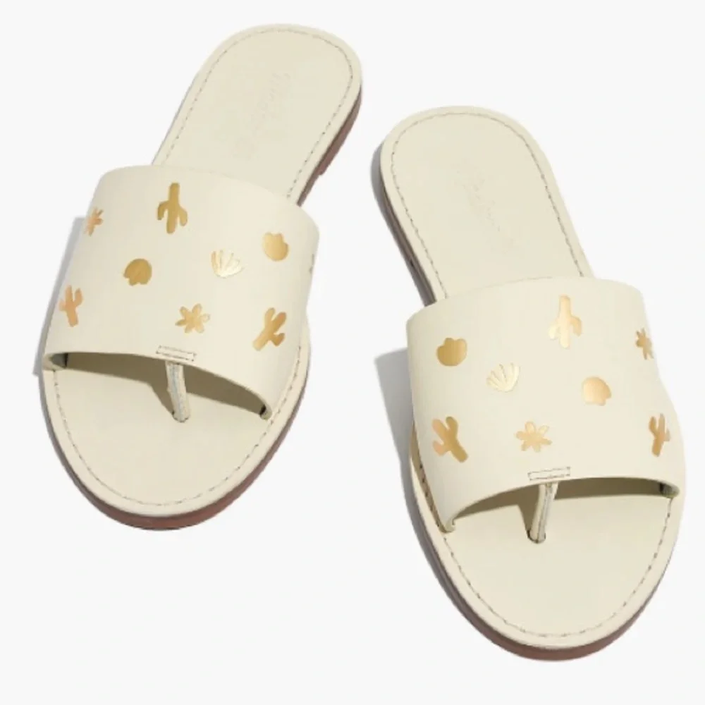 Madewell The Boardwalk Post Slide Sandal: Cactus Embossed Edition Gold Details